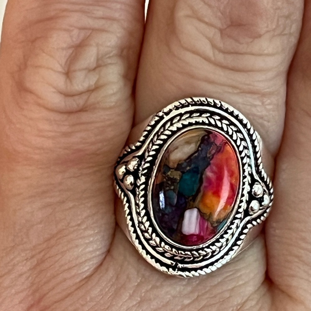 SOLID 925 STERLING SILVER GEMSTONE RING PINK SPINY OYSTER TURQUOISE SIZE 8.75 - Picture 2 of 10